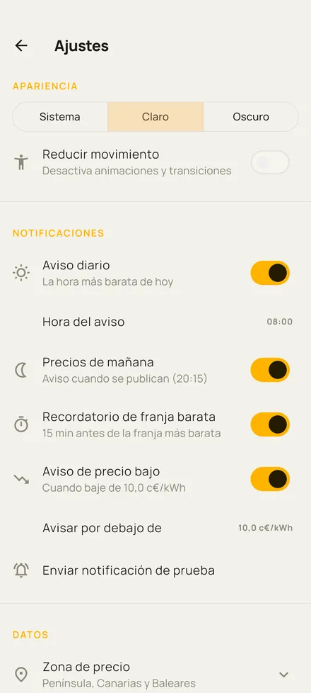 Ajustes de Luz por Horas con los avisos: aviso diario con la hora más barata, precios de mañana, recordatorio antes de la franja barata y aviso de precio bajo