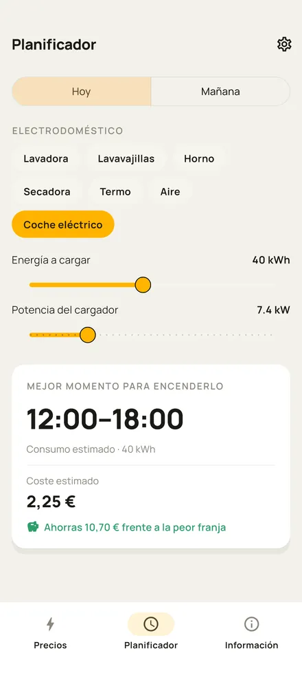 Planificador de Luz por Horas en modo coche eléctrico, con energía a cargar, potencia del cargador y mejor franja de carga